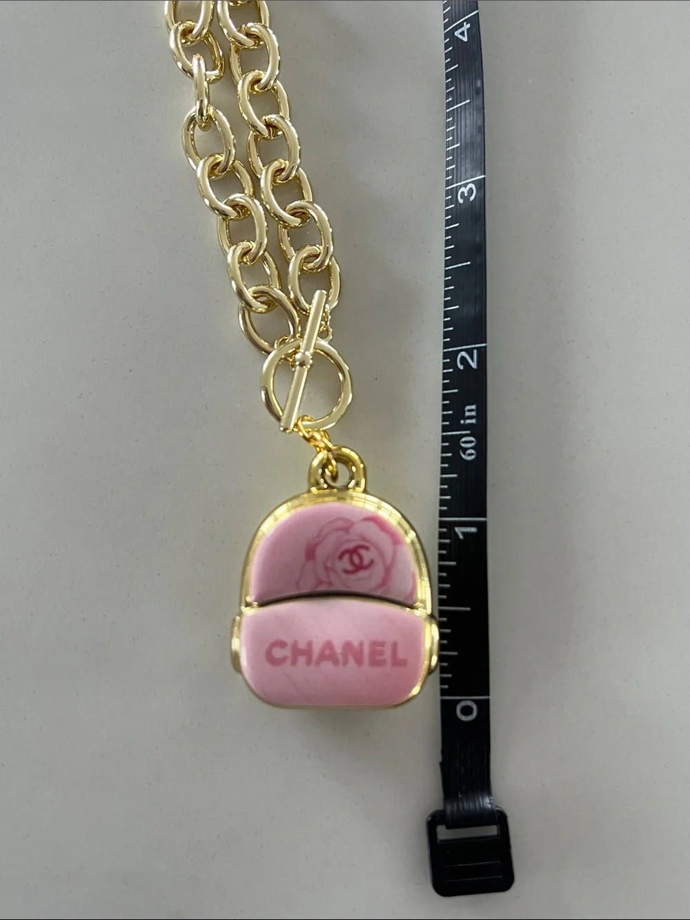 Authentic Chanel Upcycled Large 3D Pink Backpack Charm on 14k GP Toggle Necklace - Picture 9 of 12